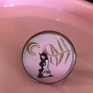 Pink and Gold Botanical Ring with Crescent Moon